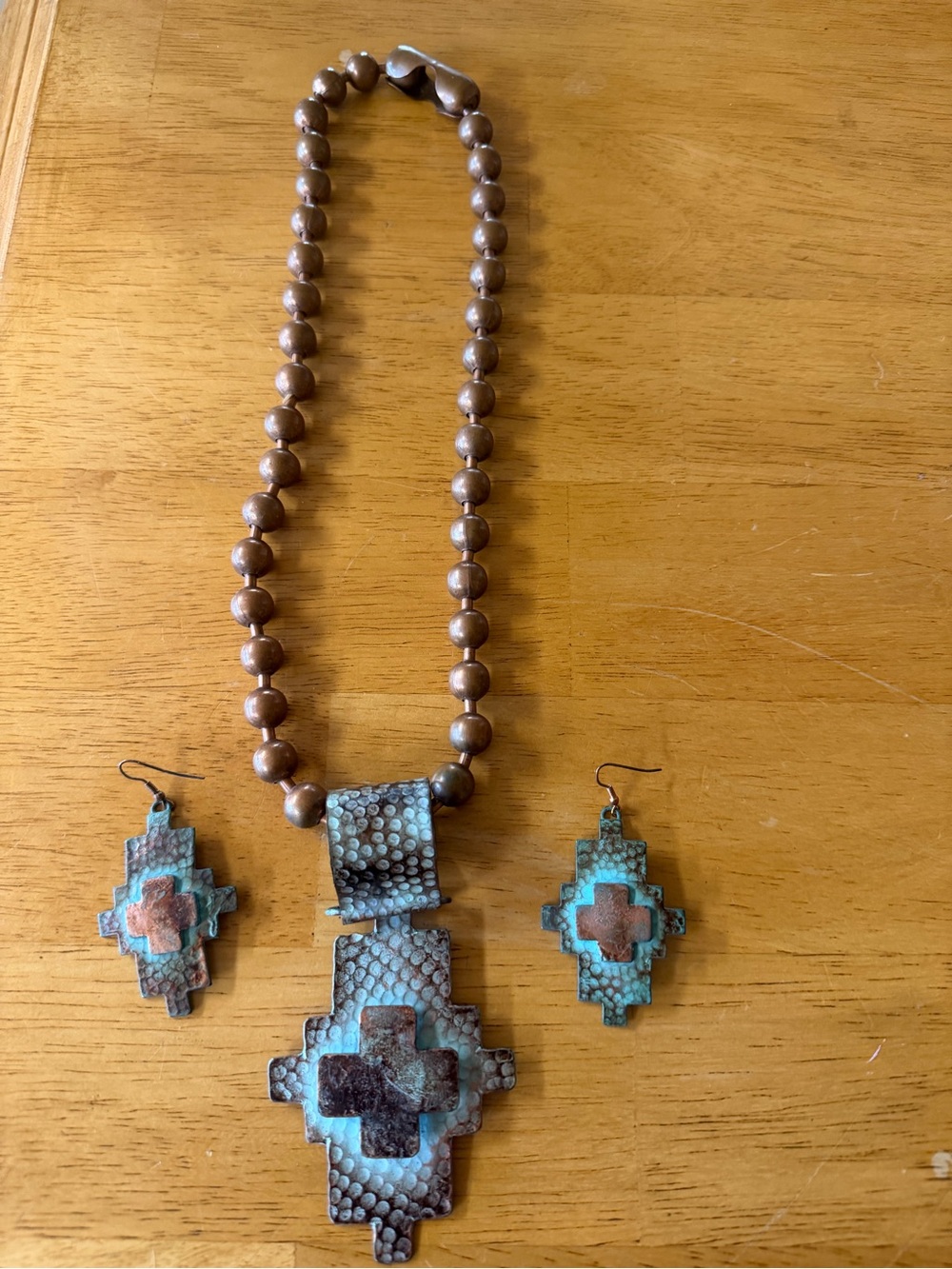 Turquoise and Brown Cross Pendant Necklace with Matching Earrings
